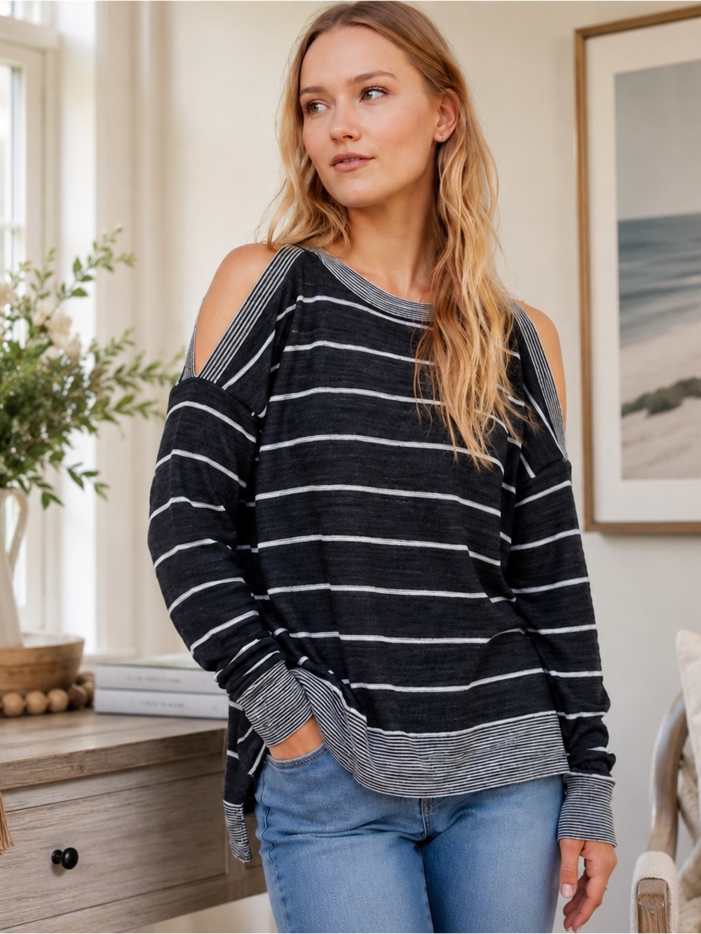 LOFT Black/White Striped Cold Shoulder Sweater Size M